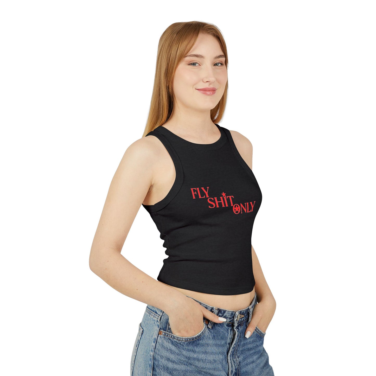 Chic Women's Ribbed Racer Tank with 'FLY SHIT ONLY' Design, Summer Top, Casual Wear, Trendy Tank, Gift for Her, Streetwear Style