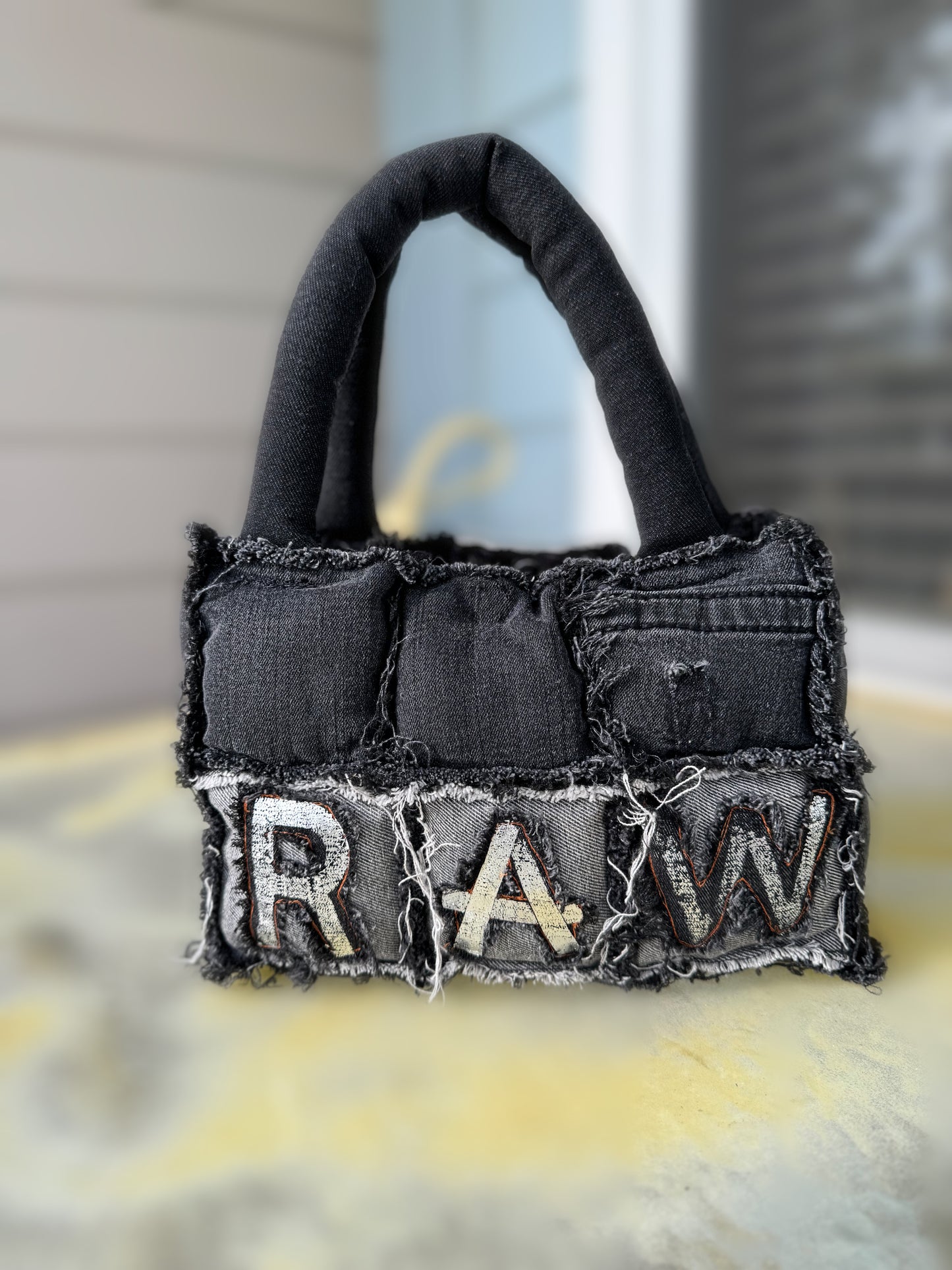“Raw” Denim Puffer Purse